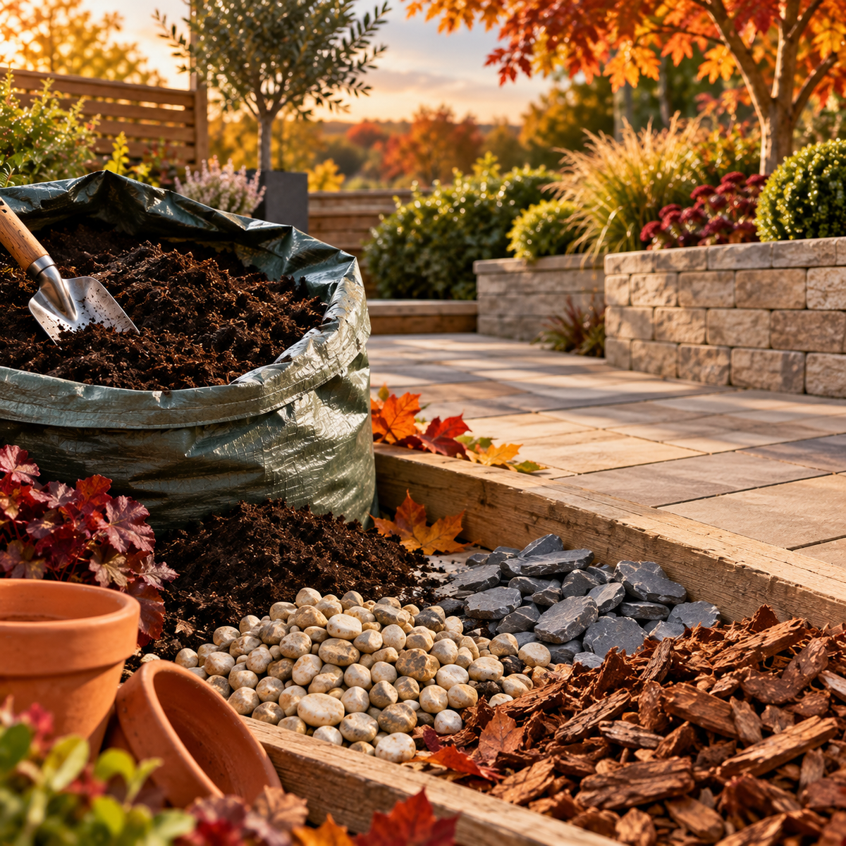 A large green garden bag filled with compost sits beside a raised garden bed containing soil, white stones, dark gravel, wood chips, terracotta pots, and autumn leaves on a stone patio in a landscaped outdoor garden.
