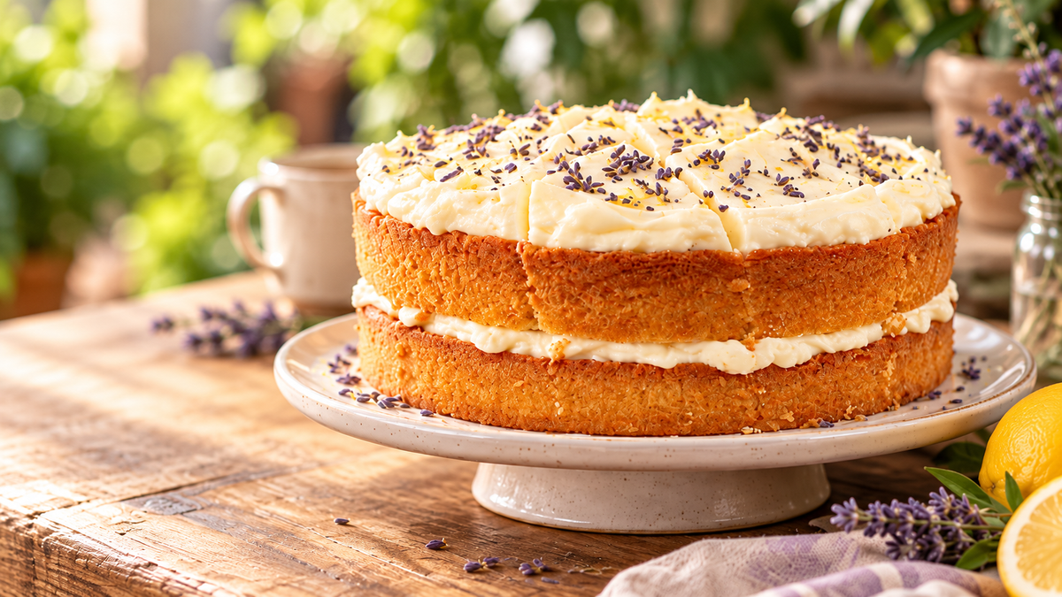 A two-layer sponge cake with white cream frosting, topped with lemon zest and dried lavender buds, displayed on a white ceramic pedestal stand on a rustic wooden table.