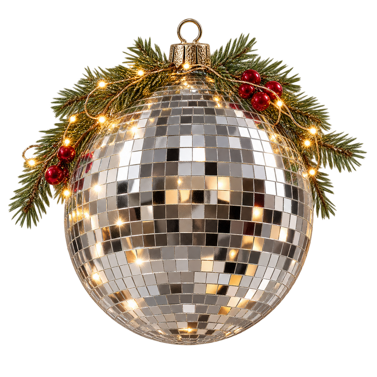 A large silver disco ball Christmas ornament decorated with a green pine garland, warm white string lights, and red berries, shown on a plain white background.