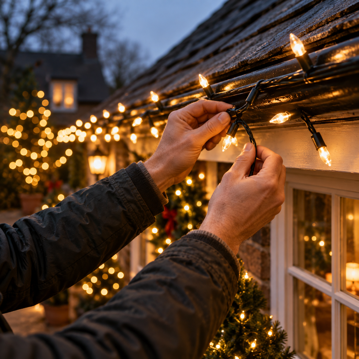 A person's hands are shown attaching warm white string lights to the roofline of a house, with cozy holiday decorations and glowing windows in the background.