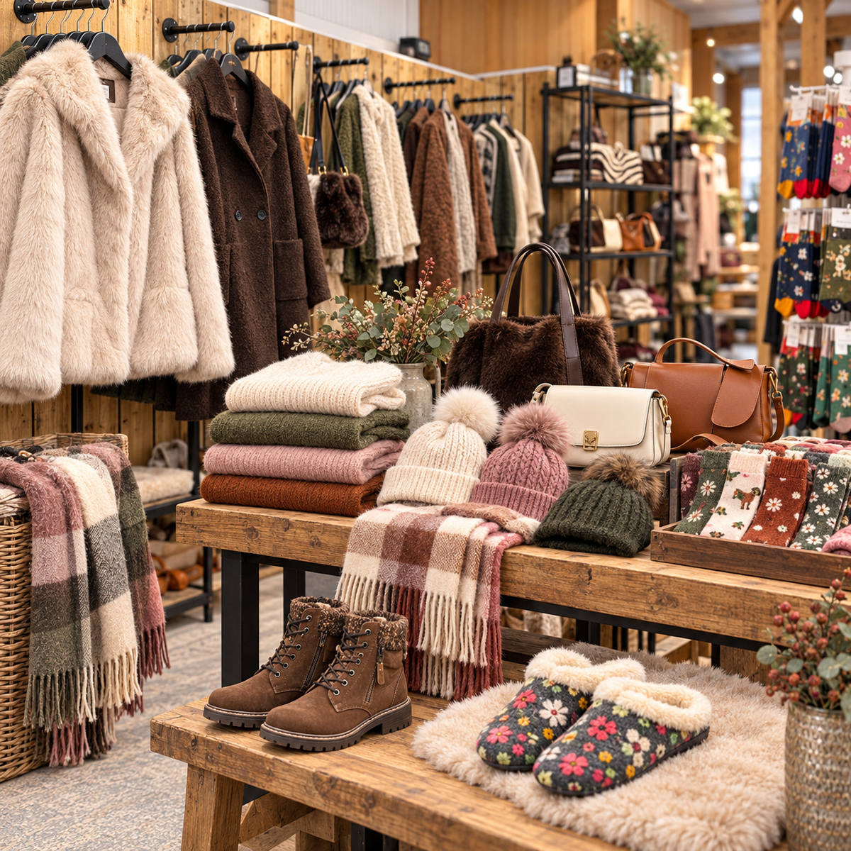 A cozy boutique display of autumn and winter fashion items, including faux fur jackets, knit sweaters, beanies with pom-poms, plaid scarves, lace-up boots, floral slippers, and handbags on wooden tables and racks.