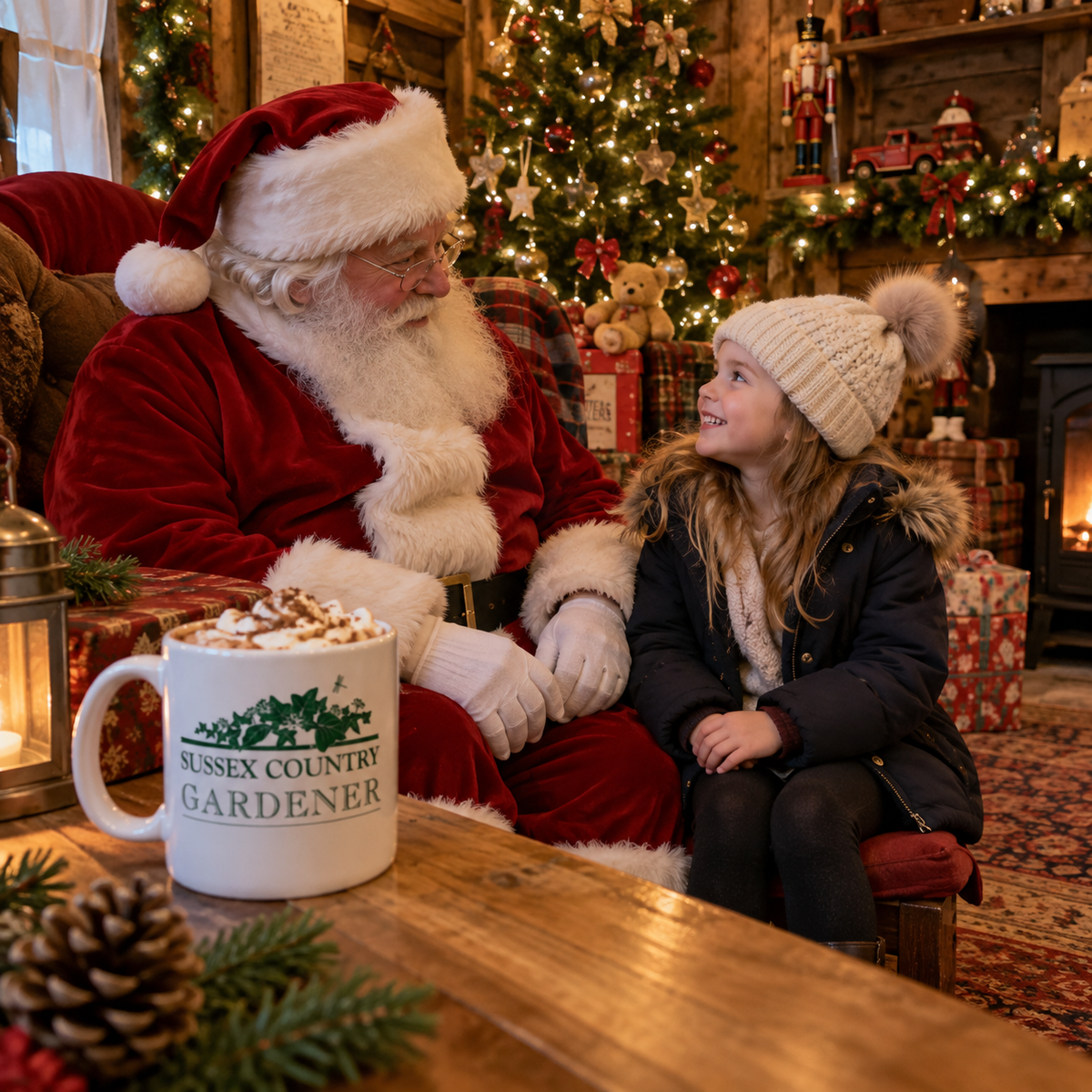 A festive holiday scene with Santa Claus sitting next to a young girl in a cozy decorated cabin. In the foreground, a white ceramic mug printed with 'SUSSEX COUNTRY GARDENER' sits on a wooden table, surrounded by pinecones and evergreen branches.