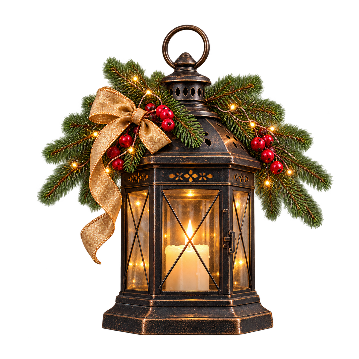 Dark bronze metal lantern with a warm glowing candle inside, decorated with green pine branches, red berries, a gold ribbon bow, and small string lights, isolated on a white background.