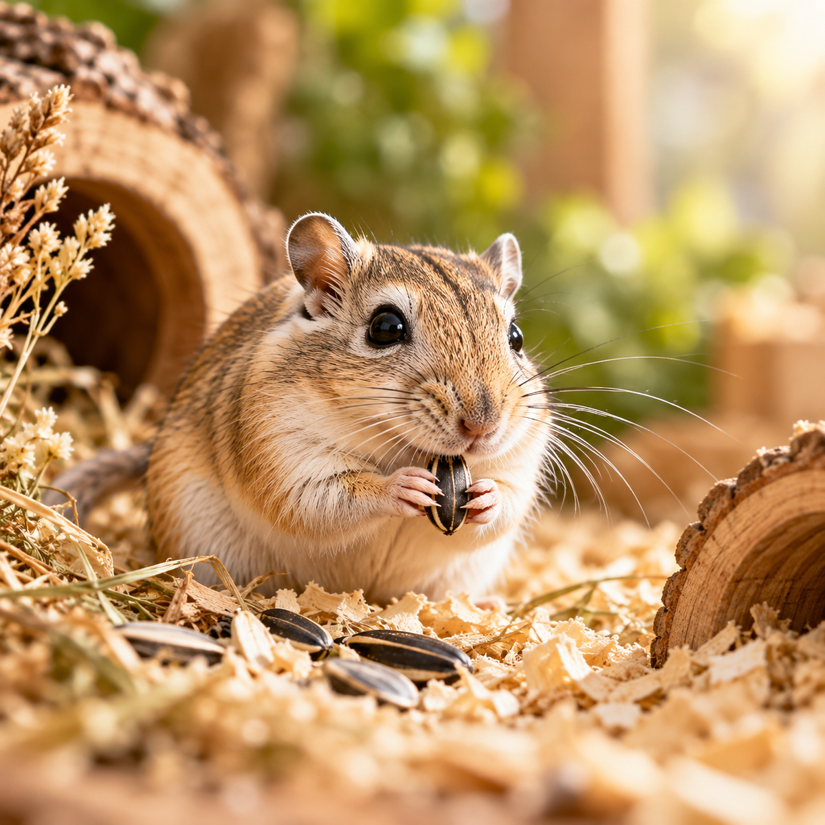 A small Gerbil sits on wood shavings in a natural-looking enclosure, holding a sunflower seed in its paws. Log houses, dried grass, and scattered seeds are visible in the warm, softly blurred background.