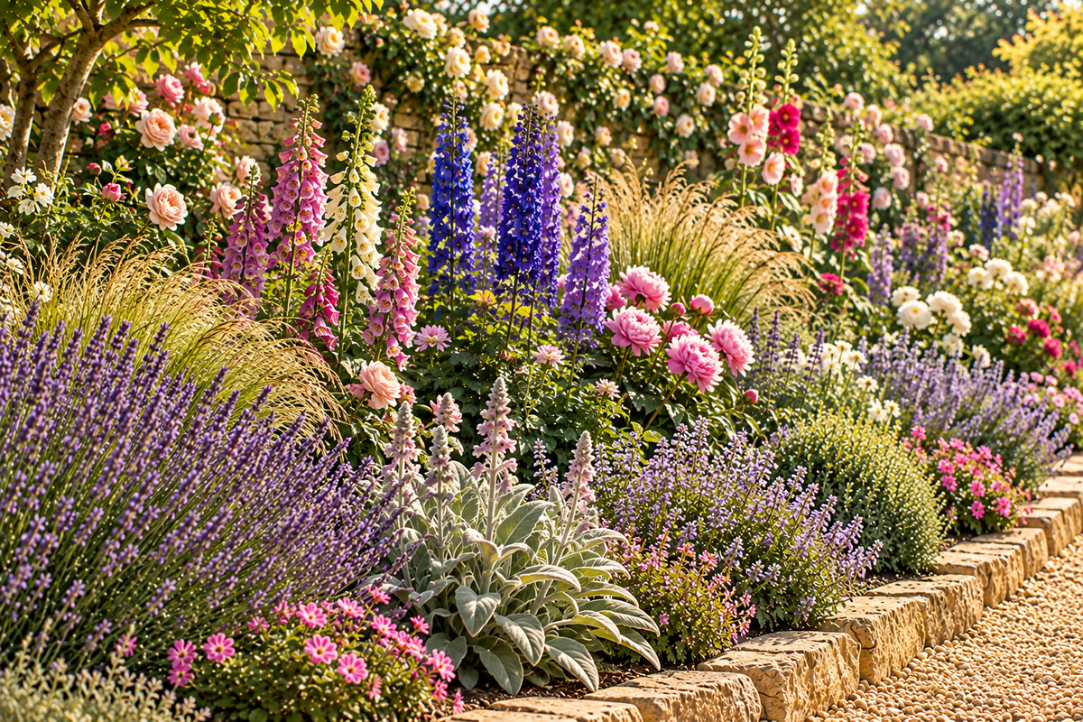 A lush, professionally landscaped garden bed featuring tall purple lavender spikes, pink flowers, green foliage, and ornamental grasses, bordered by rustic stone blocks and a gravel path.