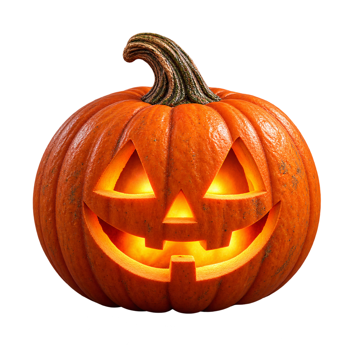 A carved jack-o'-lantern pumpkin with a glowing orange interior, shown on a plain white background.