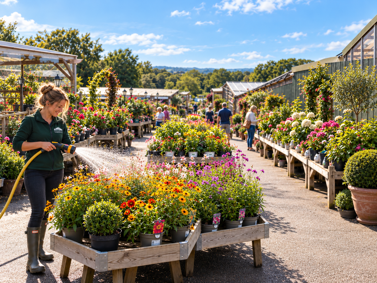 A woman in a green shirt and hunter boots waters a large display of colourful potted flowers at a sunny Sussex Garden Centre. Rows of flower beds, greenhouse structures and other shoppers are visible in the background under a bright blue sky.