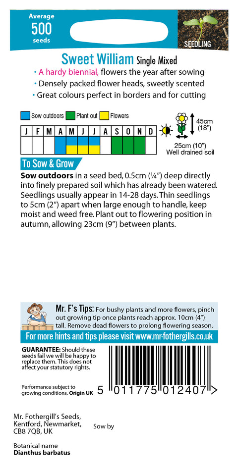 Mr Fothergills SWEET WILLIAM Single Mixed Seeds