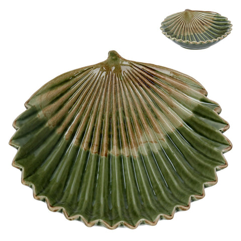 Ceramic Trinket Dish 19cm - Antiqued Green Fan Leaf