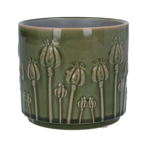 Ceramic Pot Cover 20cm - Green Poppy Heads